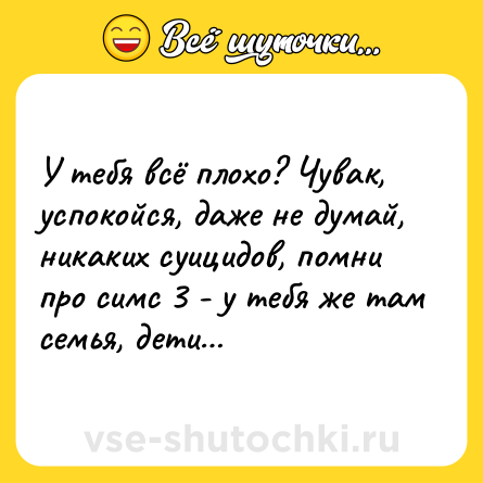 Шутка: У тебя всё плохо? Чувак, успокойся, даже не думай, никаких суицидов, помни про симс 3 - у тебя же там семья, дети