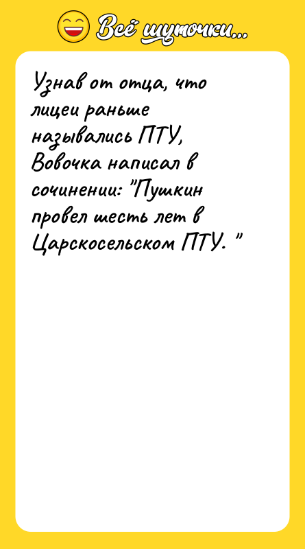 Узнав от отца, что лицеи раньше назывались ПТУ, Вовочка написал