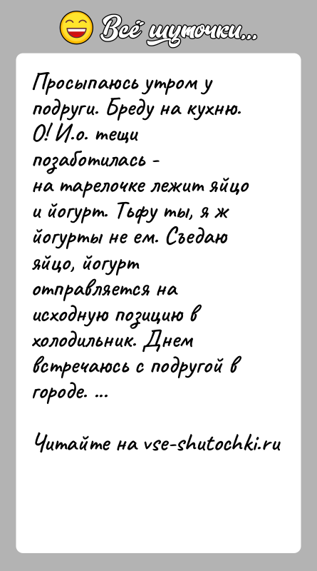 История: Просыпаюсь утром у подруги. Бреду на кухню. О! И.о. тещи позаботилась -на тарелочке лежит яйцо и йогурт. Тьфу ты, я