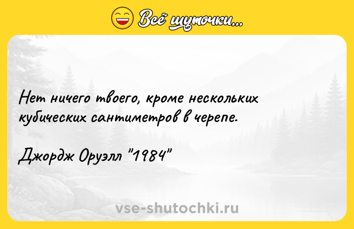 Цитата: Нет ничего твоего, кроме нескольких кубических сантиметров в черепе. Джордж Оруэлл 1984
