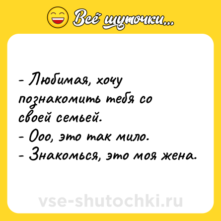 Шутка: - Любимая, хочу познакомить тебя со своей семьей. <br>- Ооо, это так мило.<br>- Знакомься, это моя жена.