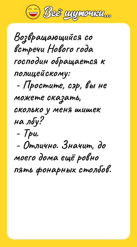 Возвращающийся со встречи Нового года господин обращается к полицейскому: 