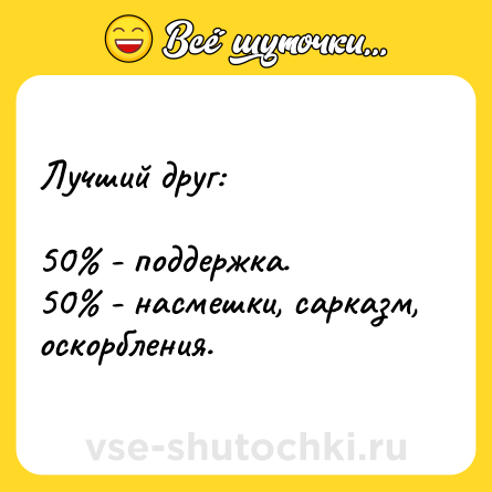 Шутка: Лучший друг:<br><br>50% - поддержка.<br>50% - насмешки, сарказм, оскорбления.