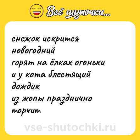 Шутка: снежок искрится новогодний<br>горят на ёлках огоньки<br>и у кота блестящий дождик<br>из жопы празднично торчит