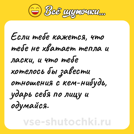 Шутка: Если тебе кажется, что тебе не хватает тепла и ласки, и что тебе хотелось бы завести отношения с кем-нибудь, ударь себя по лицу и одумайся.