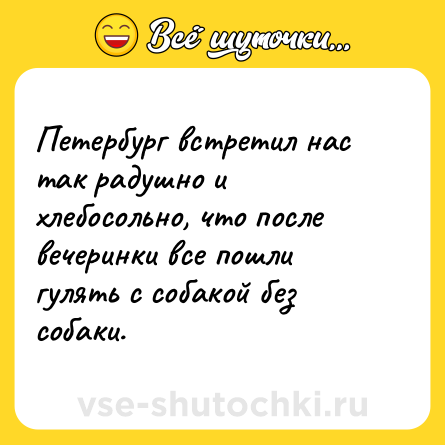 Шутка: Петербург встретил нас так радушно и хлебосольно, что после вечеринки все пошли гулять с собакой без собаки.