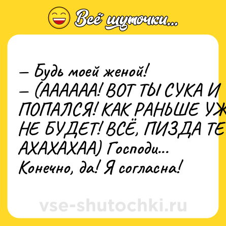 Шутка: — Будь моей женой!<br>— (АААААА! ВОТ ТЫ СУКА И ПОПАЛСЯ! КАК РАНЬШЕ УЖЕ НЕ БУДЕТ! ВСЁ, ПИЗДА ТЕБЕ! АХАХАХАА) Господи... Конечно, да! Я согласна!