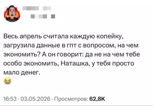 Когда нейросеть слишком честная 😅 - Весь апрель считала каждую копейку, загрузила данные в гпт с