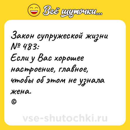 Шутка: Закон супружеской жизни № 483:<br>Если у Вас хорошее настроение, главное, чтобы об этом не узнала жена.<br>©