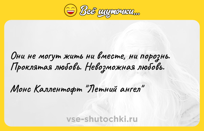 Цитата: Они не могут жить ни вместе, ни порознь. Проклятая любовь. Невозможная любовь.Монс Каллентофт Летний ангел
