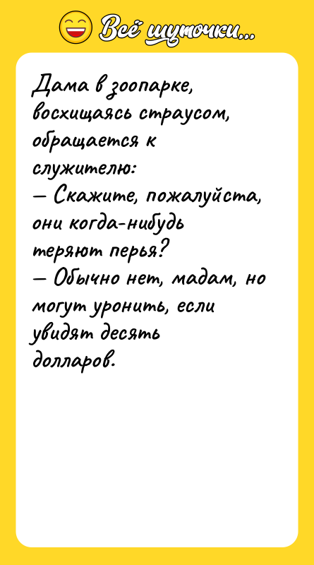 Дама в зоопарке, восхищаясь страусом, обращается к служителю: Скажите,