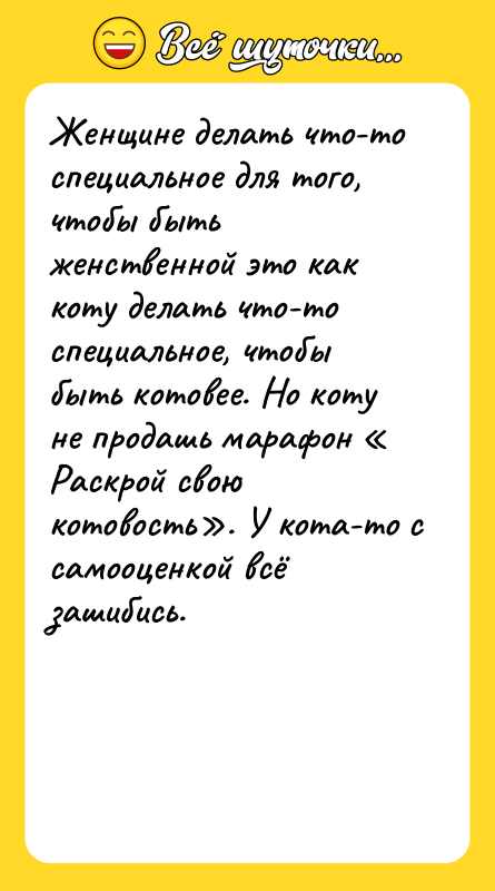 Шутка: Женщине делать что-то специальное для того, чтобы быть женственной это как коту делать что-то специальное, чтобы быть котовее. Но коту не продашь марафон Раскрой свою котовость . У кота-то с самооценкой всё зашибись.