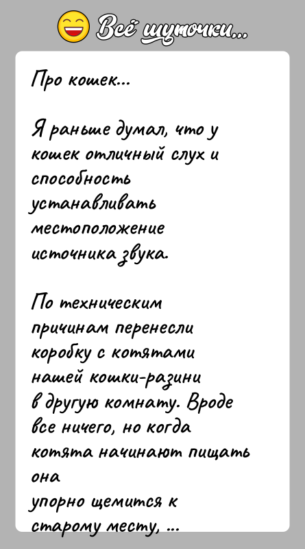 История: Про кошек...Я раньше думал, что у кошек отличный слух и способность устанавливатьместоположение источника звука.По техническим причинам перенесли коробку с котятами