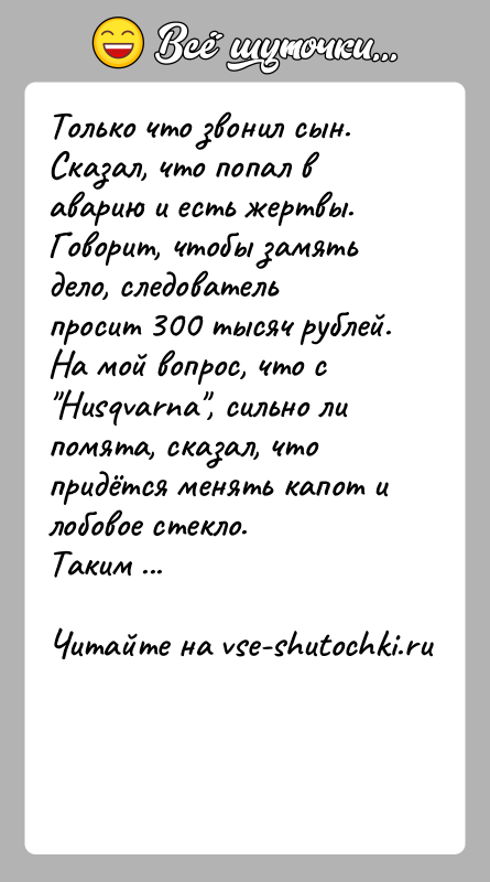 История: Только что звонил сын. Сказал, что попал в аварию и есть жертвы. Говорит, чтобы замять дело, следователь просит 300 тысяч
