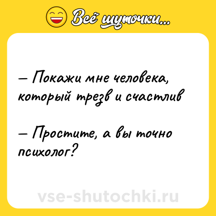 Шутка: — Покажи мне человека, который трезв и счастлив <br>— Простите, а вы точно психолог?