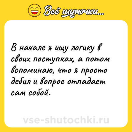 Шутка: В начале я ищу логику в своих поступках, а потом вспоминаю, что я просто дебил и вопрос отпадает сам собой.