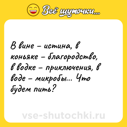 Шутка: В вине – истина, в коньяке – благородство, в водке – приключения, в воде – микробы… Что будем пить?