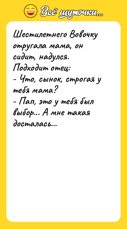 Шестилетнего Вовочку отругала мама, он сидит, надулся. Подходит отец: