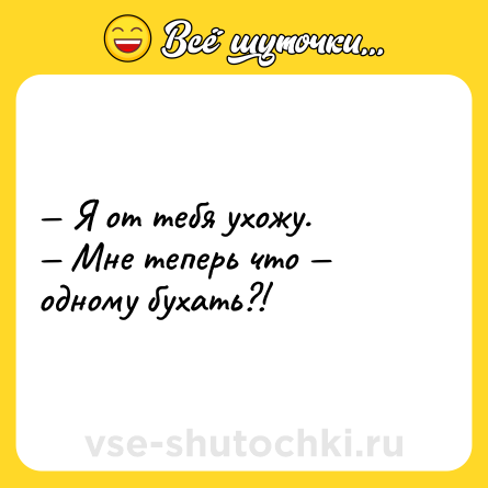 Шутка: — Я от тебя ухожу. <br>— Мне теперь что — одному бухать?!