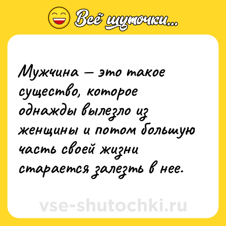 Шутка: Мужчина — это такое существо, которое однажды вылезло из женщины и потом большую часть своей жизни старается залезть в нее.