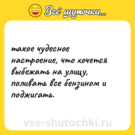 Шутка: такое чудесное настроение, что хочется выбежать на улицу, поливать все бензином и поджигать.
