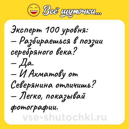 Шутка: Эксперт 100 уровня:<br>— Разбираешься в поэзии серебряного века?<br>— Да.<br>— И Ахматову от Северянина отличишь?<br>— Легко, показывай фотографии.
