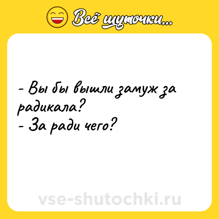 Шутка: - Вы бы вышли замуж за радикала?<br>- За ради чего?<br>