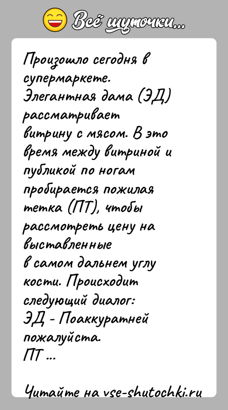 История: Произошло сегодня в супермаркете. Элегантная дама (ЭД) рассматриваетвитрину с мясом. В это время между витриной и публикой по ногампробирается пожилая