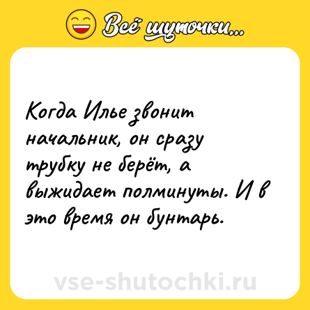 Шутка: Когда Илье звонит начальник, он сразу трубку не берёт, а выжидает полминуты. И в это время он бунтарь.