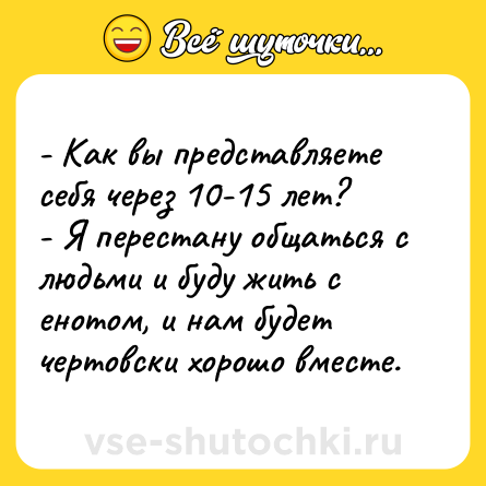 Шутка: - Как вы представляете себя через 10-15 лет?<br>- Я перестану общаться с людьми и буду жить с енотом, и нам будет чертовски хорошо вместе.