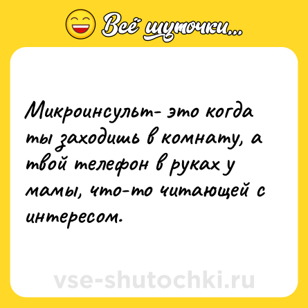 Шутка: Микроинсульт- это когда ты заходишь в комнату, а твой телефон в руках у мамы, что-то читающей с интересом.
