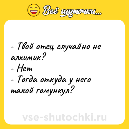 Шутка: - Твой отец случайно не алхимик? <br>- Нет <br>- Тогда откуда у него такой гомункул?