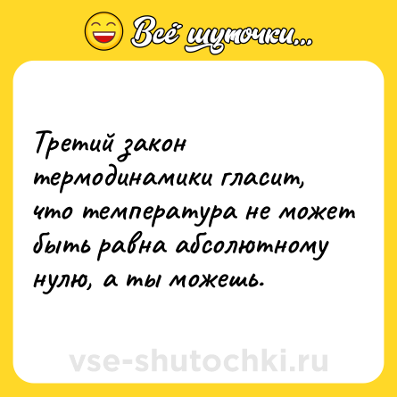 Шутка: Третий закон термодинамики гласит, что температура не может быть равна абсолютному нулю, а ты можешь.