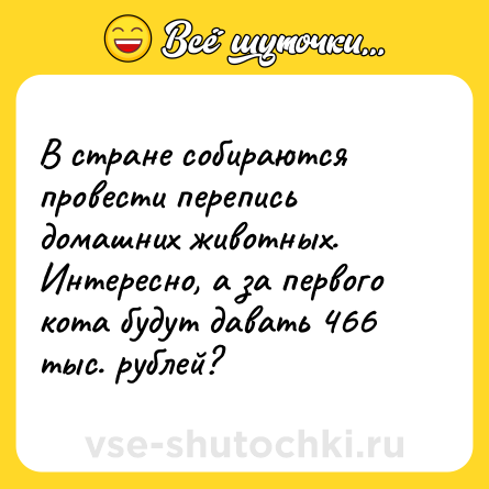 Шутка: В стране собираются провести перепись домашних животных. Интересно, а за первого кота будут давать 466 тыс. рублей?