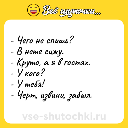 Шутка: - Чего не спишь?<br>- В нете сижу.<br>- Круто, а я в гостях.<br>- У кого?<br>- У тебя!<br>- Черт, извини, забыл.