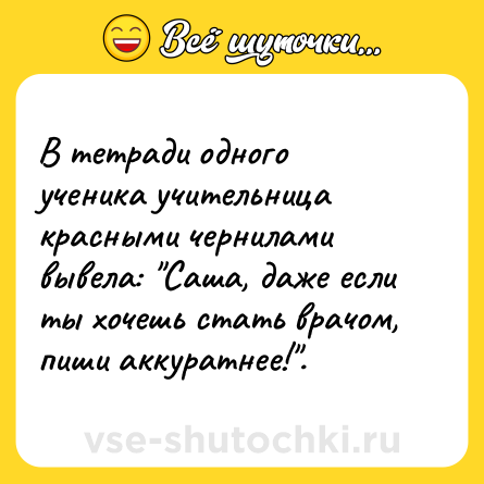 Шутка: В тетради одного ученика учительница красными чернилами вывела: 