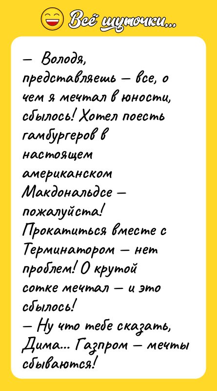 —  Володя, представляешь — все, о чем я мечтал