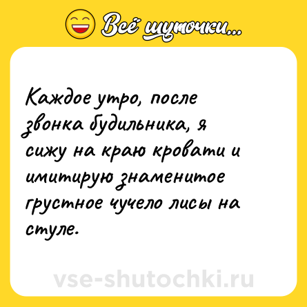 Шутка: Каждое утро, после звонка будильника, я сижу на краю кровати и имитирую знаменитое грустное чучело лисы на стуле.