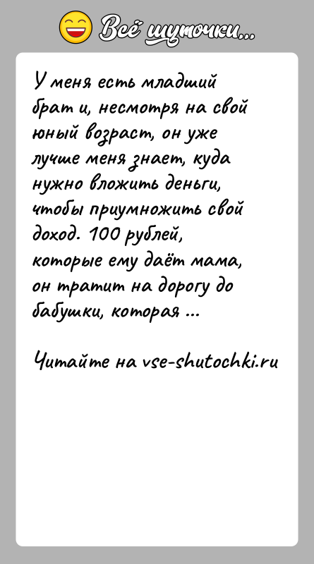 История: У меня есть младший брат и, несмотря на свой юный возраст, он уже лучше меня знает, куда нужно вложить деньги,