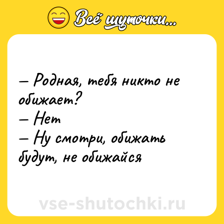 Шутка: — Родная, тебя никто не обижает?<br>— Нет<br>— Ну смотри, обижать будут, не обижайся