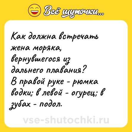 Шутка: Как должна встречать жена моряка, вернувшегося из дальнего плавания?<br>В правой руке - рюмка водки; в левой - огурец; в зубах - подол.