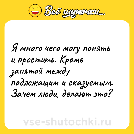 Шутка: Я много чего могу понять и простить. Кроме запятой между подлежащим и сказуемым. Зачем люди, делают это?