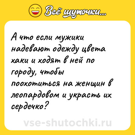 Шутка: А что если мужики надевают одежду цвета хаки и ходят в ней по городу, чтобы поохотиться на женщин в леопардовом и украсть их сердечко?