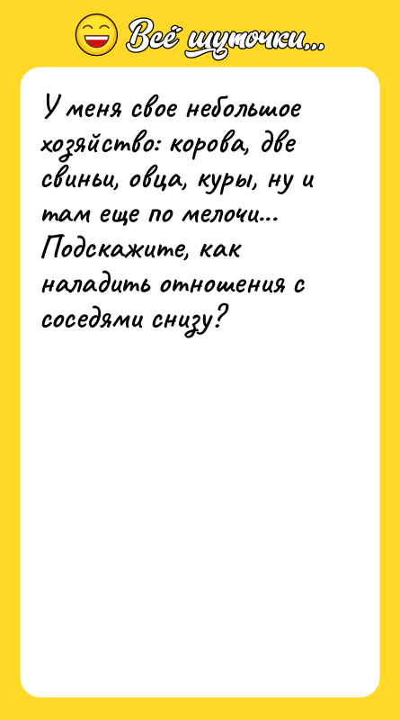 У меня свое небольшое хозяйство: корова, две свиньи, овца, куры,