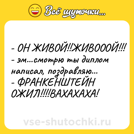 Шутка: - ОН ЖИВОЙ!!ЖИВОООЙ!!! <br>- эм...смотрю ты диплом написал, поздравляю... <br>- ФРАНКЕНШТЕЙН ОЖИЛ!!!!ВАХАХАХА!