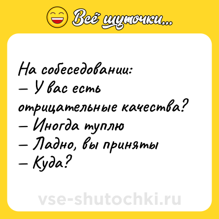 Шутка: На собеседовании: <br>— У вас есть отрицательные качества?<br>— Иногда туплю <br>— Ладно, вы приняты<br>— Куда?