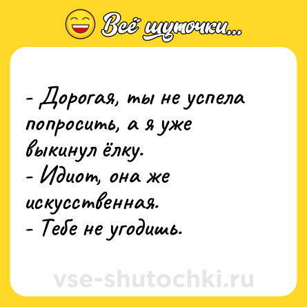 Шутка: - Дорогая, ты не успела попросить, а я уже выкинул ёлку. <br>- Идиот, она же искусственная. <br>- Тебе не угодишь.