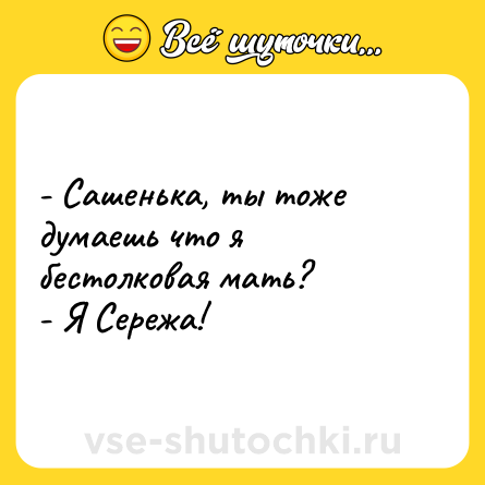 Шутка: - Сашенька, ты тоже думаешь что я бестолковая мать?<br>- Я Сережа!