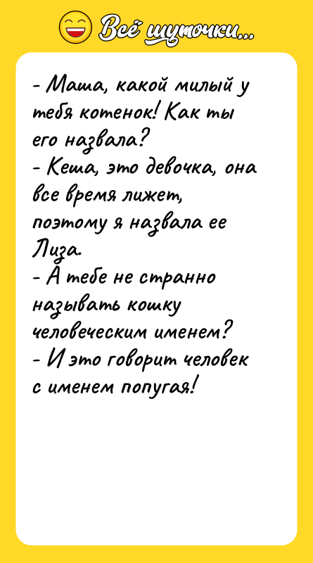 Шутка: - Маша, какой милый у тебя котенок! Как ты его назвала?- Кеша, это девочка, она все время лижет, поэтому я назвала ее Лиза.- А тебе не странно называть кошку человеческим именем?- И это говорит человек с именем попугая!