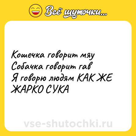 Шутка: Кошечка говорит мяу <br>Собачка говорит гав <br>Я говорю людям КАК ЖЕ ЖАРКО СУКА